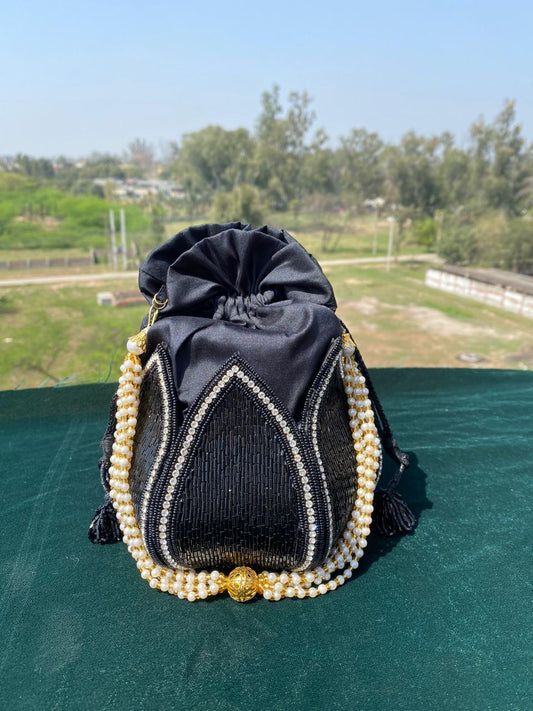 Trendy Black Pearl Potli Bag with Heavy Hand Embroidery – Bridal & Festive Collection