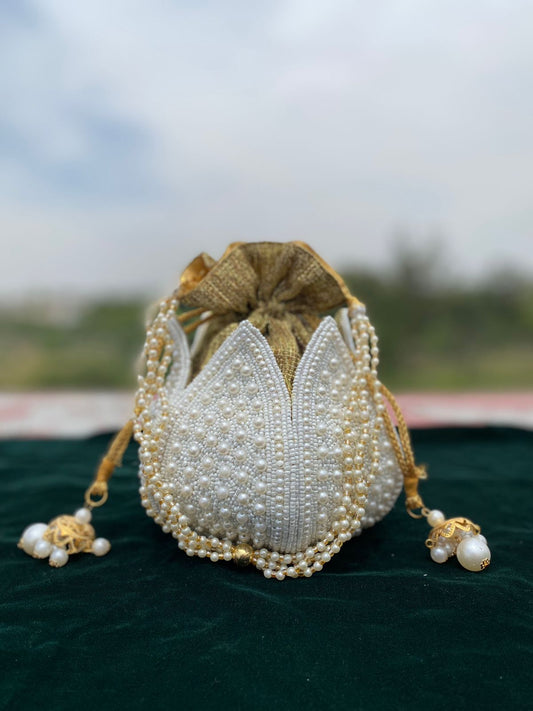 Trendy Pearl Potli Bag with Heavy Hand Embroidery – Bridal & Festive Collection