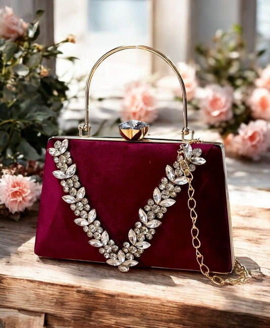 Fancy Maroon Rhinestone Clutch Bag – Diamond Studded Evening Purse for Weddings & Parties