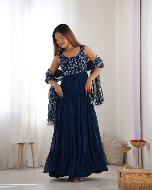 Rama Pure Soft Fox Georgette Anarkali Suit Set With Huge Flair, Dupatta & Pant