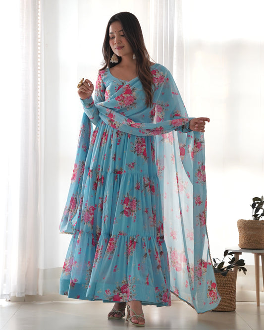 Pure Soft Fox Georgette Floral Print Ready To Wear Anarkali By Stylish Ethnic