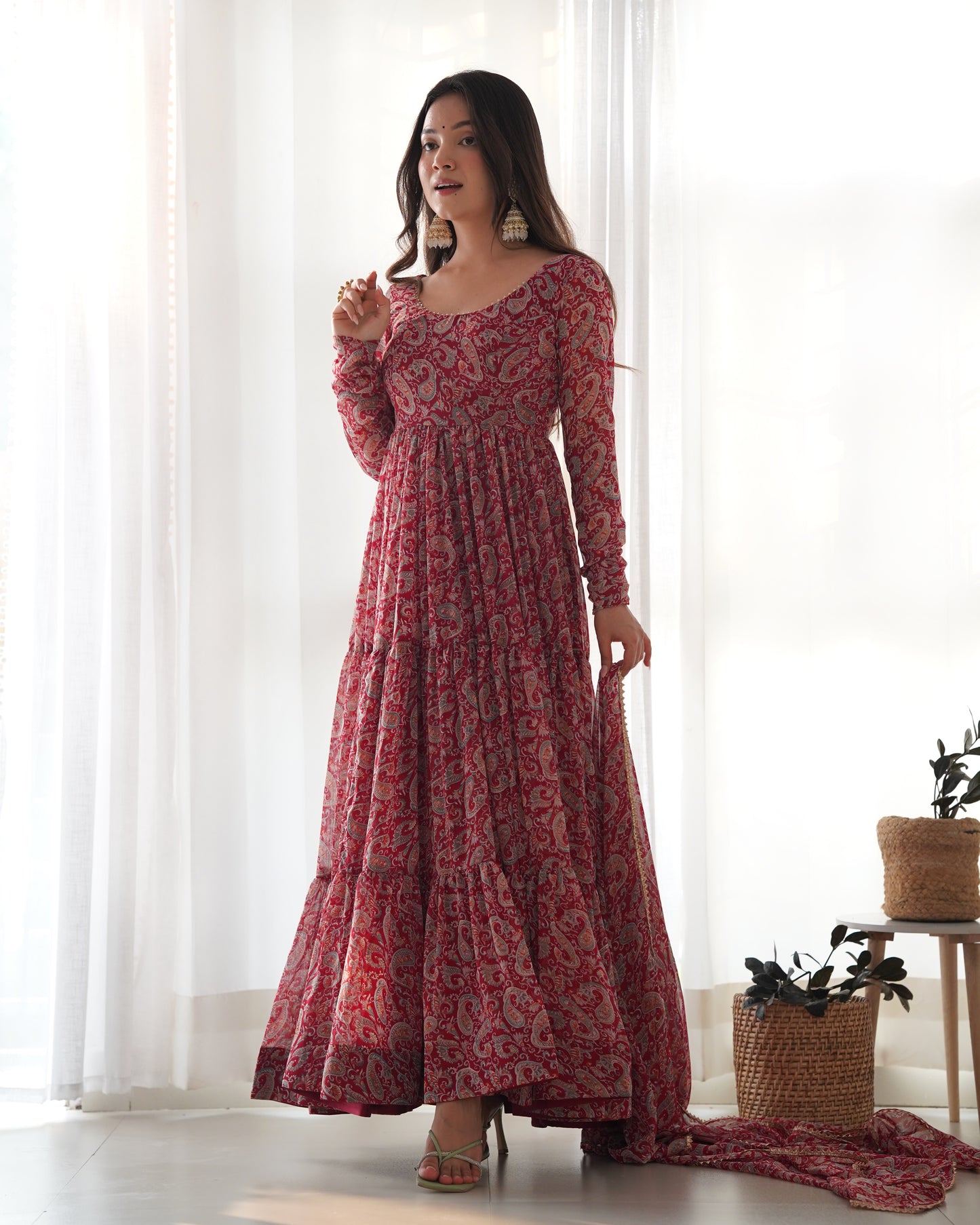 Red Kalamkari Print Faux Georgette Kurta Set By Stylish Ethnic