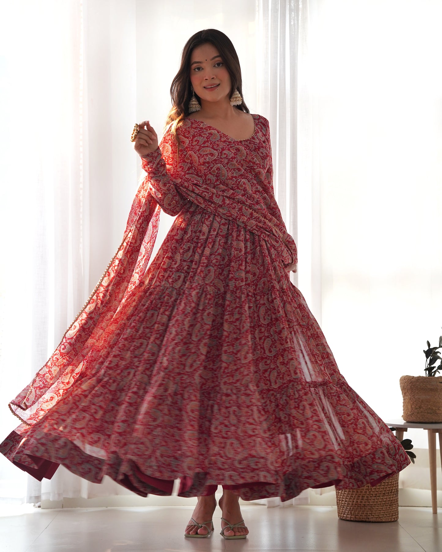Red Kalamkari Print Faux Georgette Kurta Set By Stylish Ethnic
