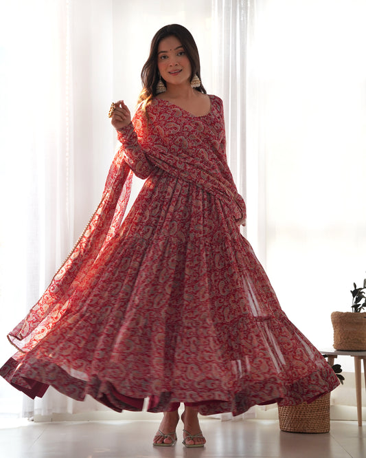 Red Kalamkari Print Faux Georgette Kurta Set By Stylish Ethnic
