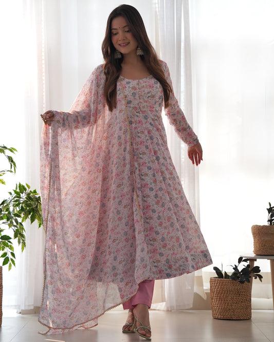 Pink Floral Print Chiffon Kurta Set By Stylish Ethnic