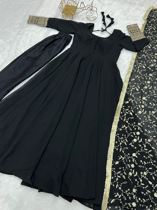 Luxurious Fox Georgette Black Gown Set with Heavy Sequins and Jari Work