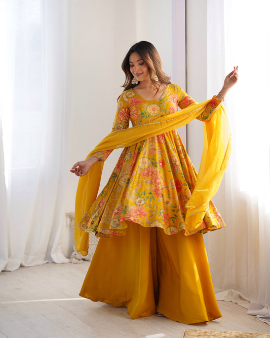 Yellow Heavy Roman Silk Chanderi Kediya Kurta Set with Palazzo and Organza Dupatta | Fully Stitched Festive & Wedding Wear