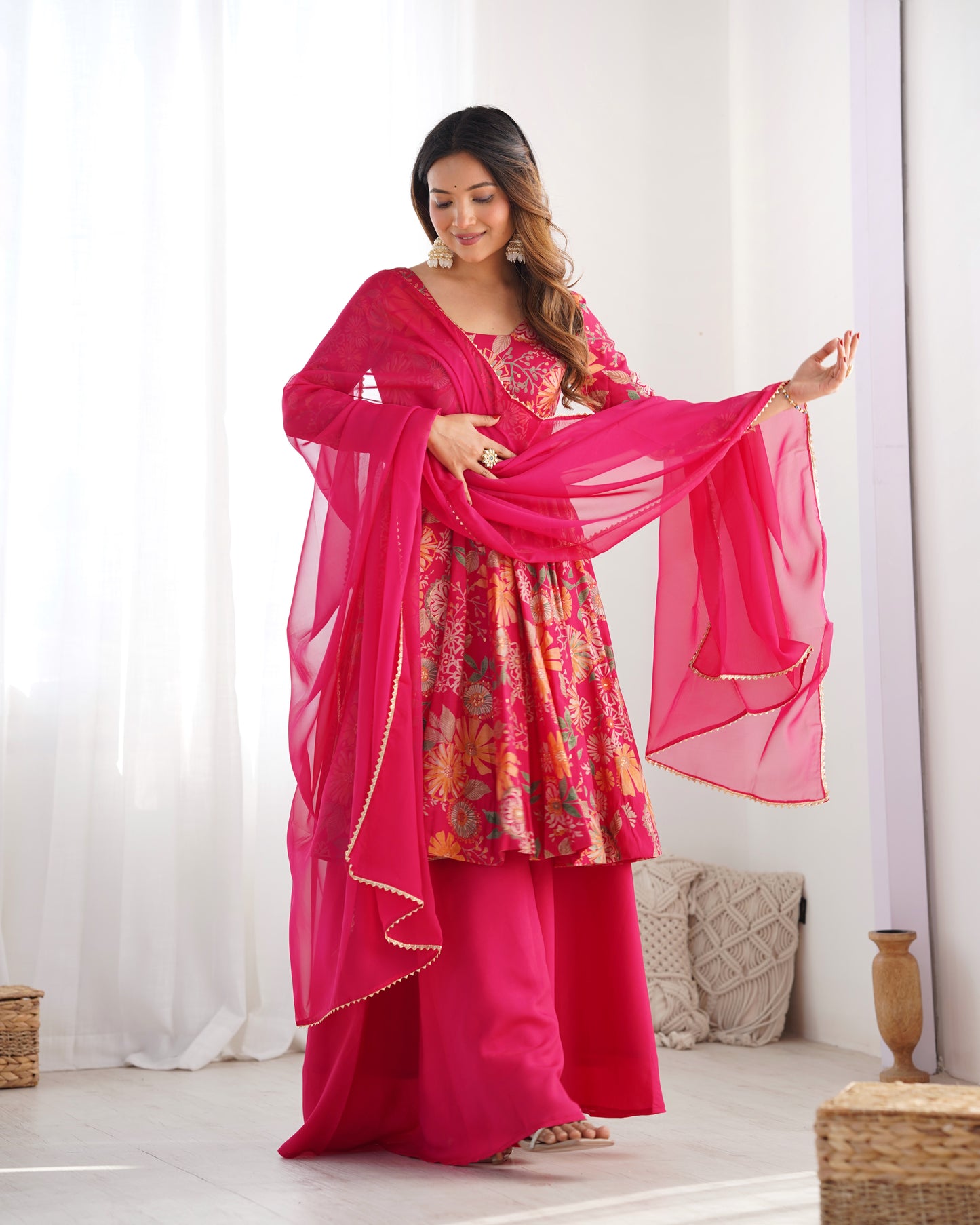 Rani Pink Heavy Roman Silk Chanderi Kediya Kurta Set with Palazzo and Organza Dupatta | Fully Stitched Festive & Wedding Wear