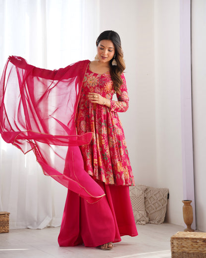 Rani Pink Heavy Roman Silk Chanderi Kediya Kurta Set with Palazzo and Organza Dupatta | Fully Stitched Festive & Wedding Wear