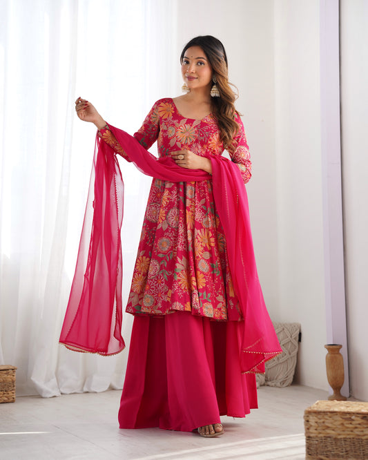 Rani Pink Heavy Roman Silk Chanderi Kediya Kurta Set with Palazzo and Organza Dupatta | Fully Stitched Festive & Wedding Wear