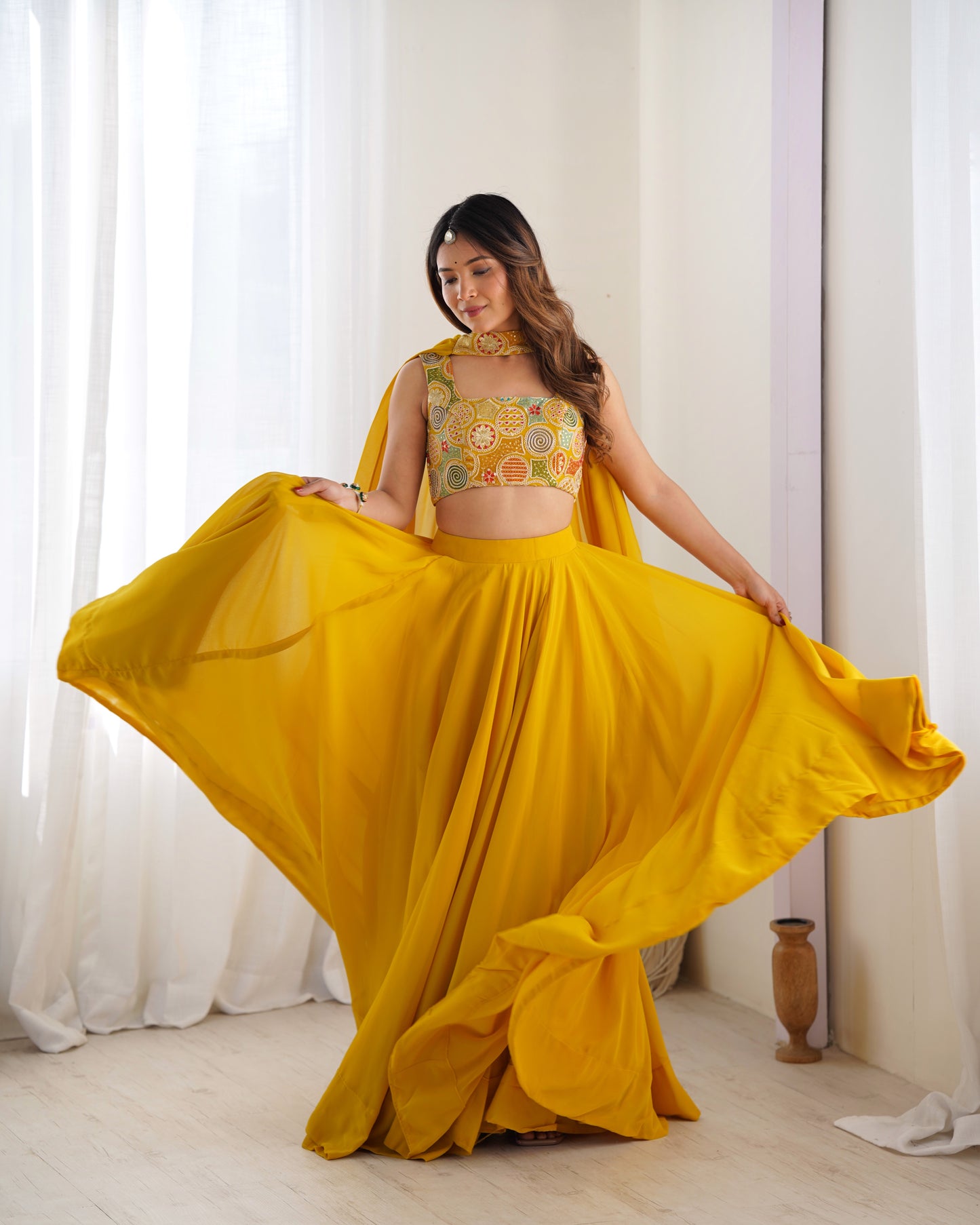 Introducing Our Exquisite Pure Soft Fox Yellow Georgette Lehenga Choli Set