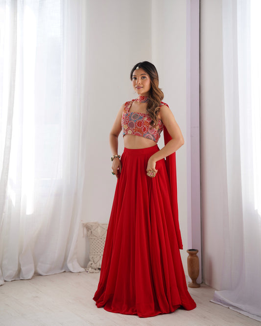 Introducing Our Exquisite Pure Soft Fox Red Georgette Lehenga Choli Set