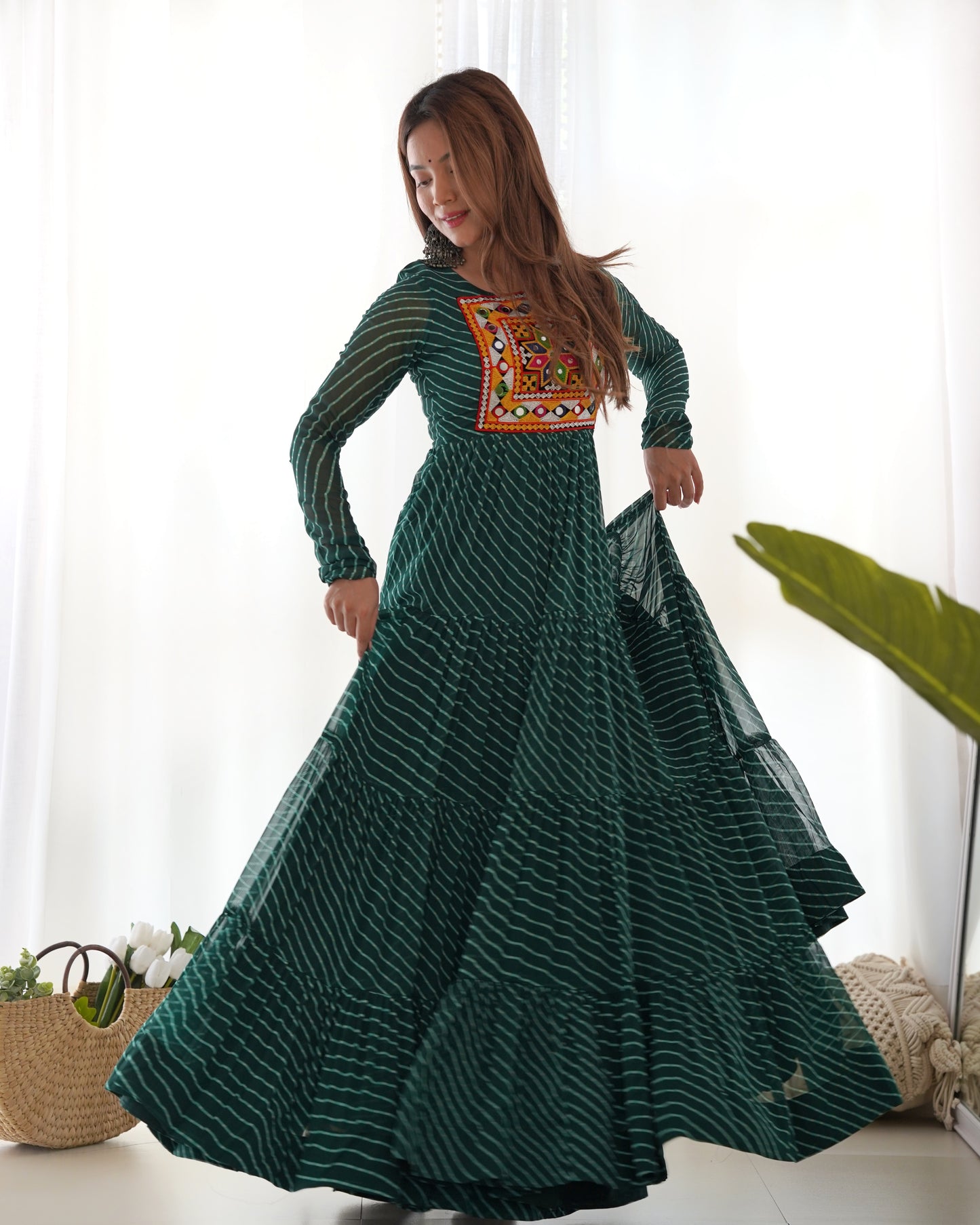 Georgette Embroidered Work Bottle Green Readymade Floor Length Gown By Stylish Ethnic