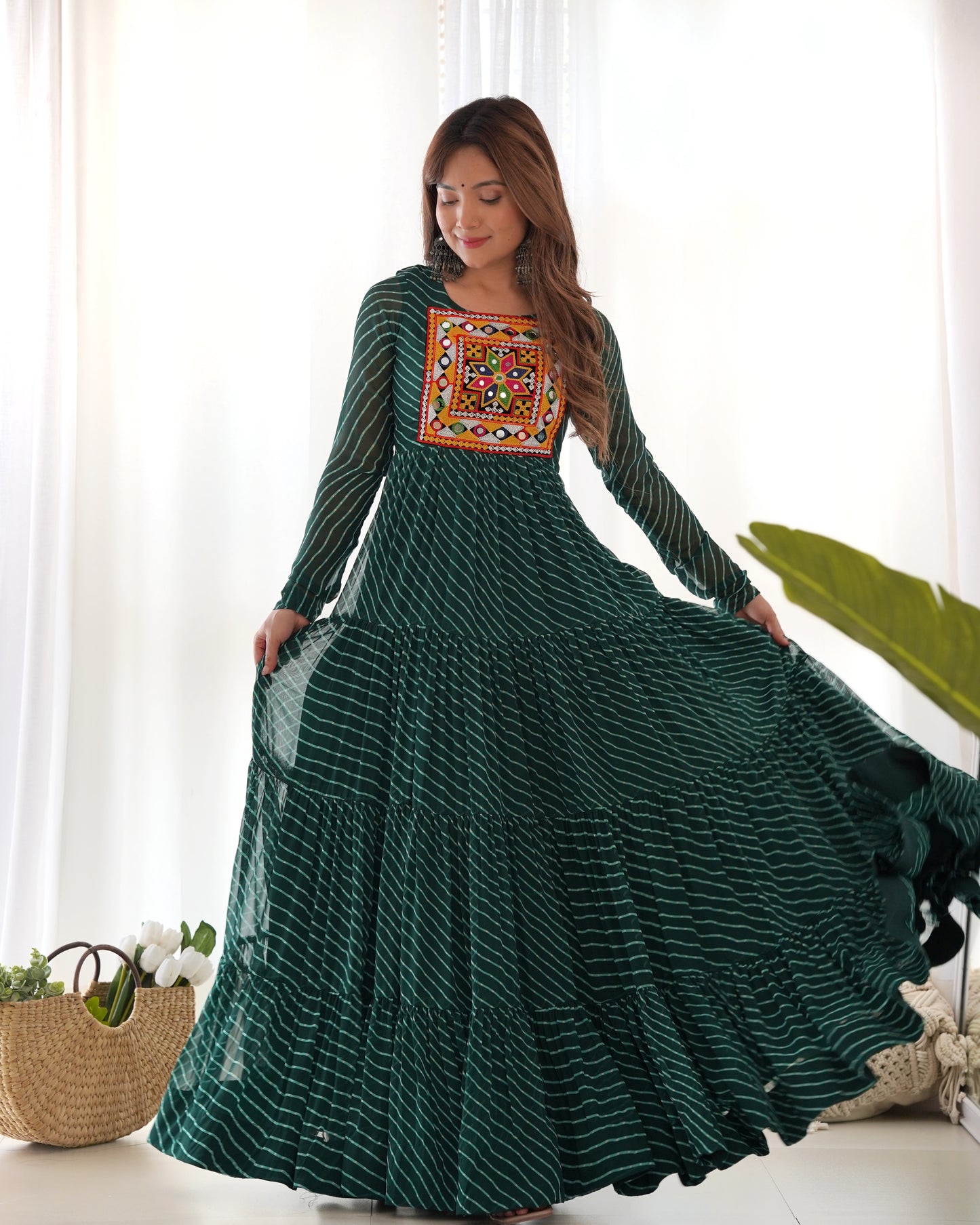 Georgette Embroidered Work Bottle Green Readymade Floor Length Gown By Stylish Ethnic