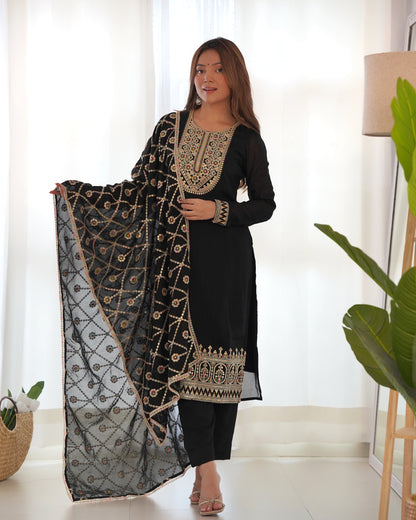 Pure Blooming Vichitra Silk Fabric Straight Fit Kurta Set With Duppta