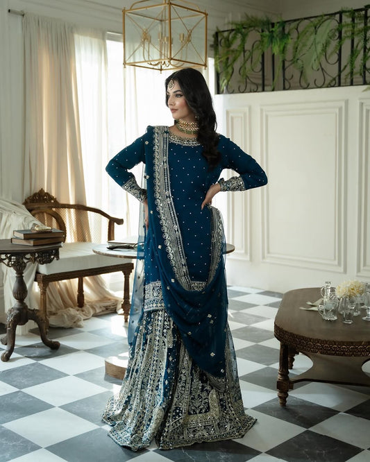 Blue Color Top Gharara Suit With Dupatta in Georgette With Sequence Embroidery