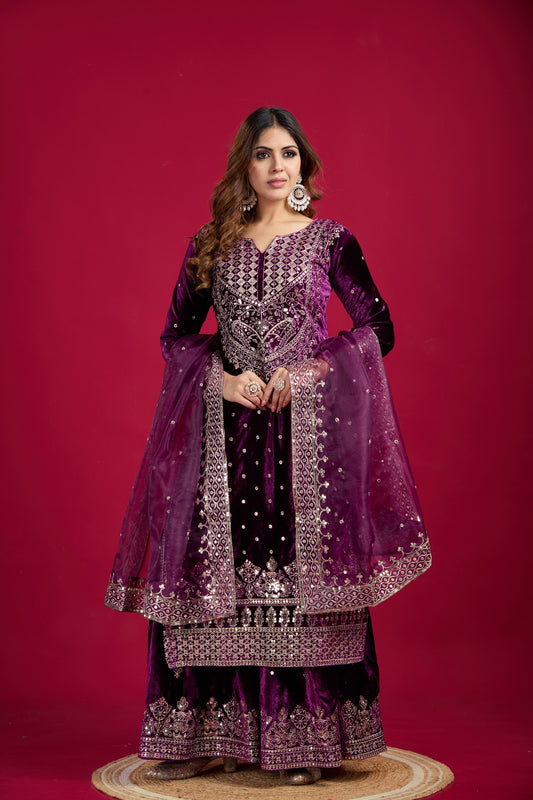 Velvet Purple Color Sharara Suit For Sangeet Night