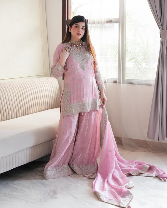 Heavy Chinon Silk With Heavy Embroidery Sequence Work Kurta Sharara With Dupatta