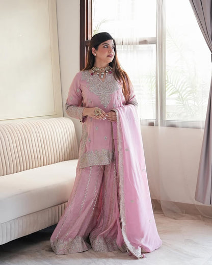 Heavy Chinon Silk With Heavy Embroidery Sequence Work Kurta Sharara With Dupatta