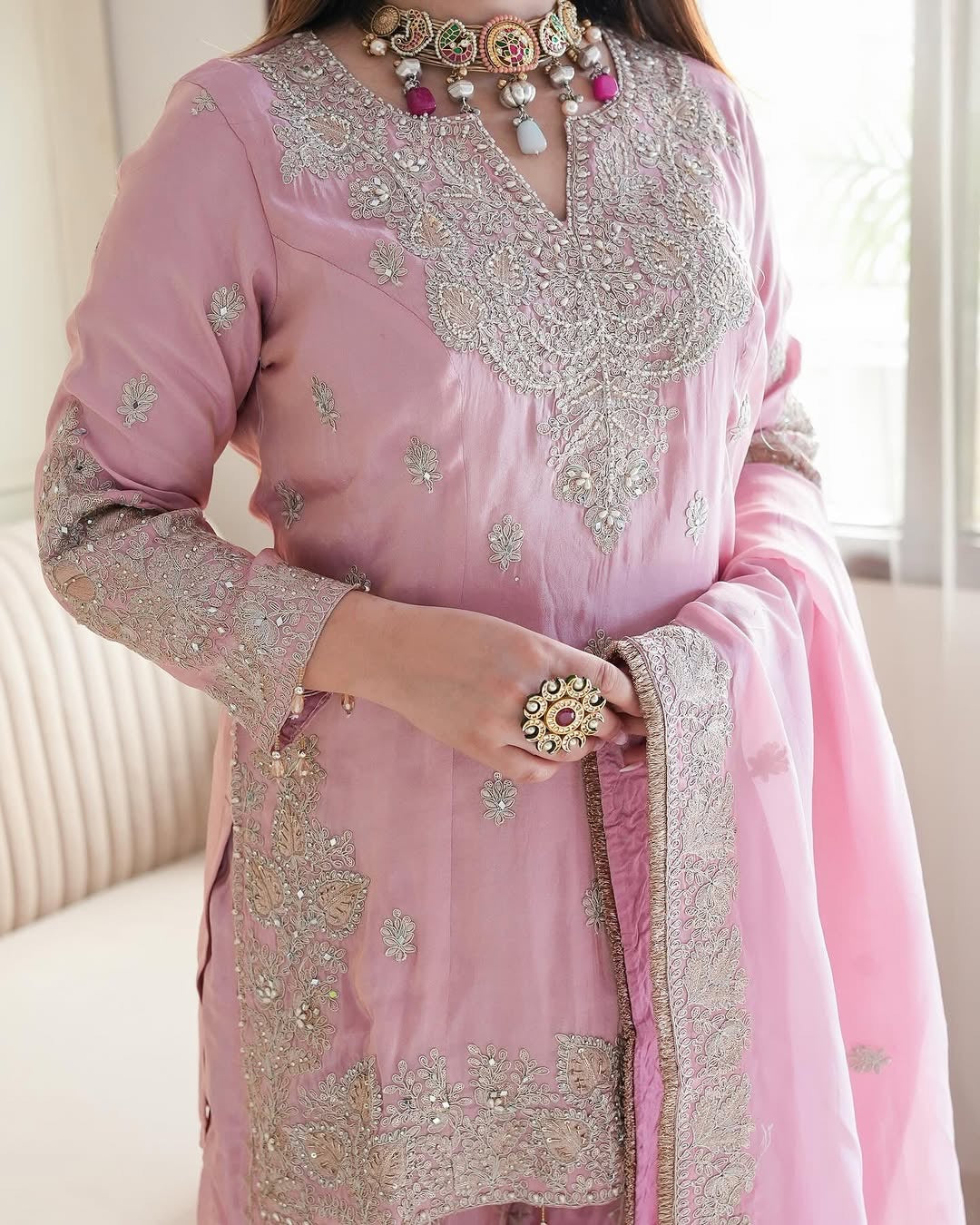 Heavy Chinon Silk With Heavy Embroidery Sequence Work Kurta Sharara With Dupatta