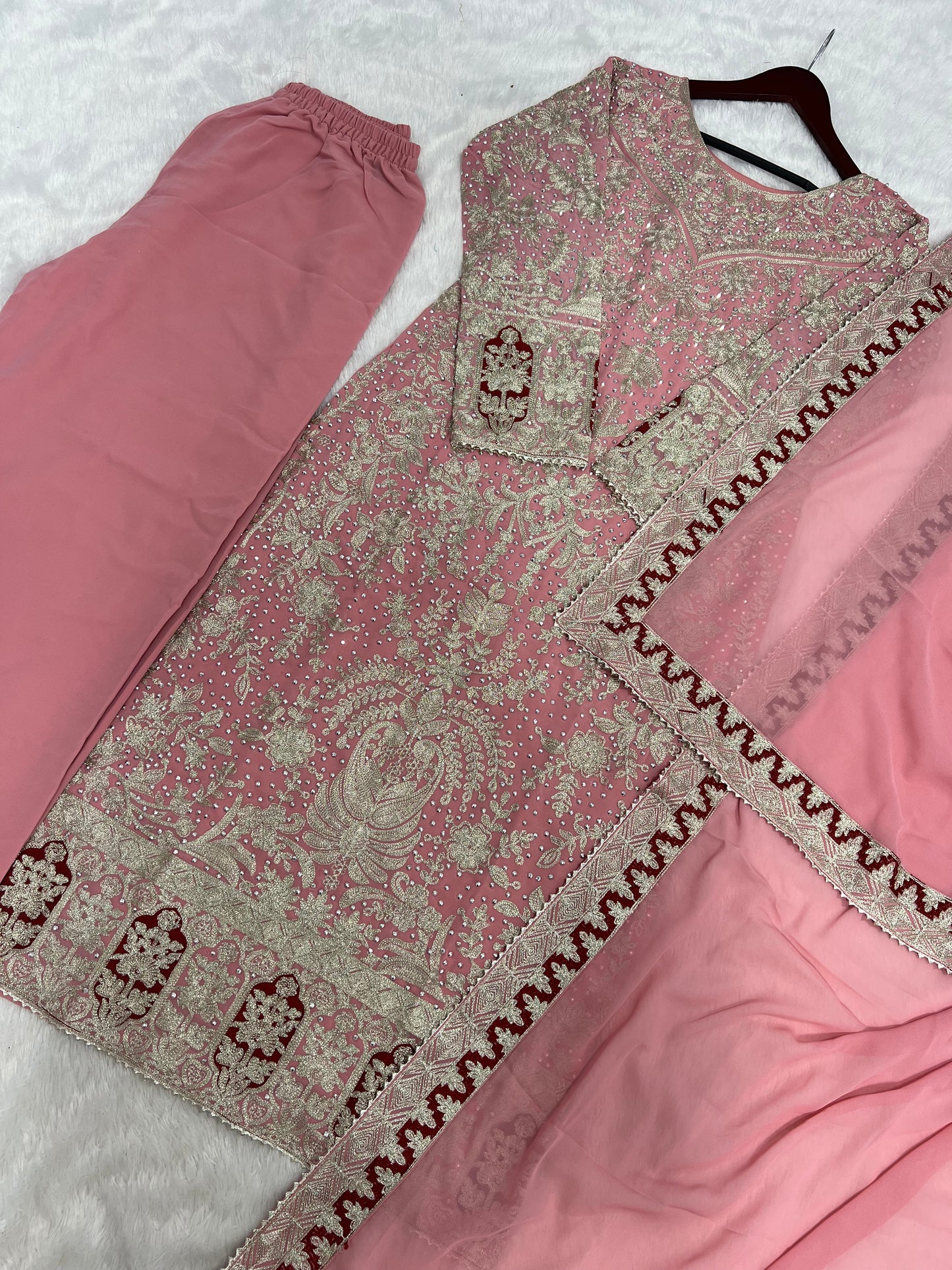 Pakistani Anarkali Style Pink Salwar Kameez Embroidery Work With Dupatta