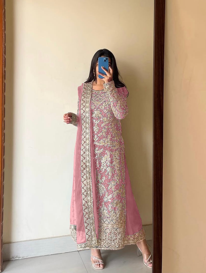 Pakistani Anarkali Style Pink Salwar Kameez Embroidery Work With Dupatta