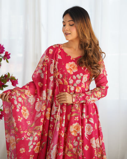 Pink Pure Organza Silk Printed Anarkali Set with Dupatta & Pant
