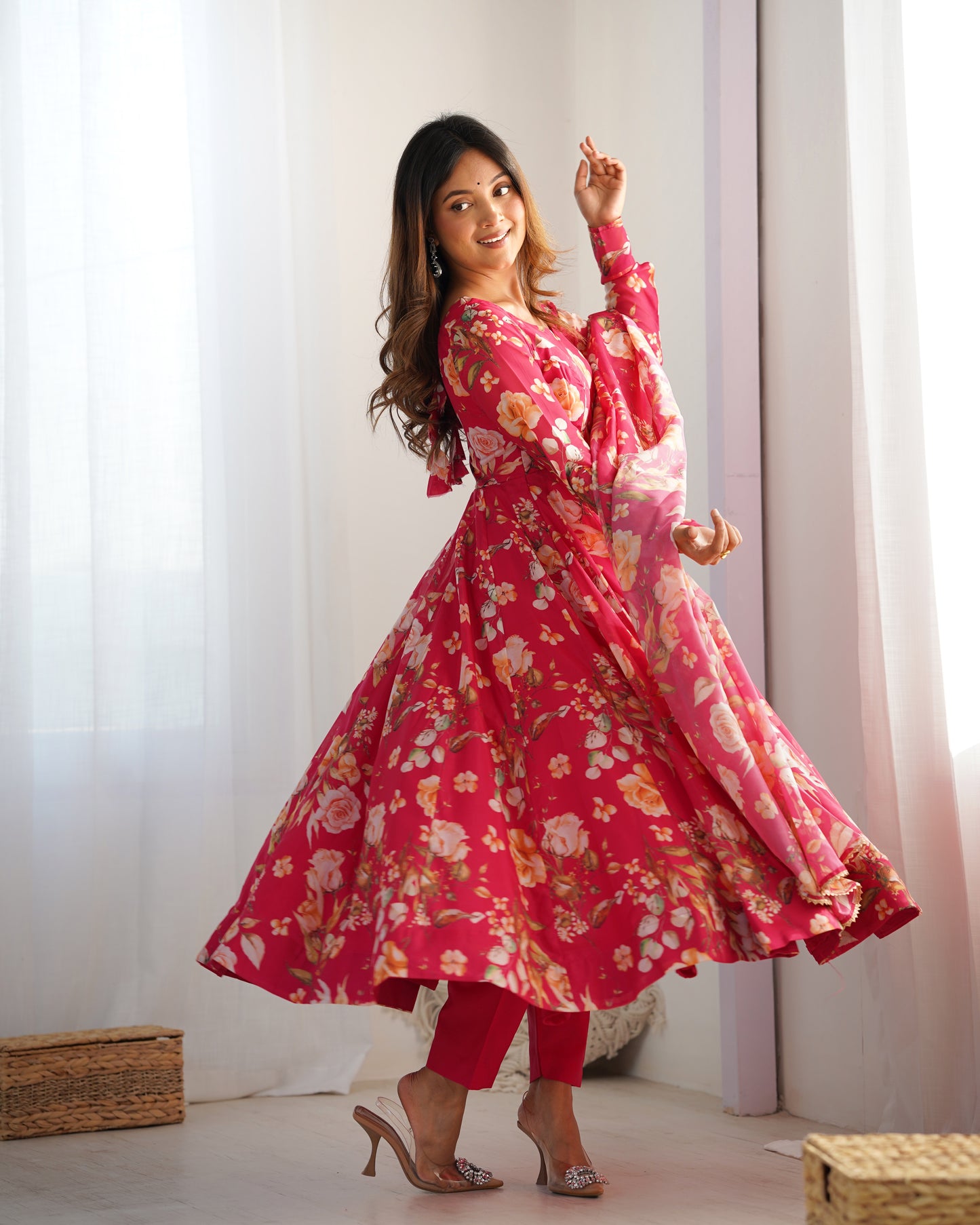Pink Pure Organza Silk Printed Anarkali Set with Dupatta & Pant