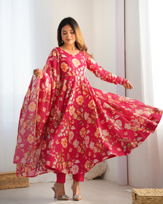 Pink Pure Organza Silk Printed Anarkali Set with Dupatta & Pant