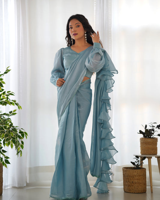 Frill And Flare With Organza Silk Sky Blue Ruffle Border Saree By Stylish Ethnic