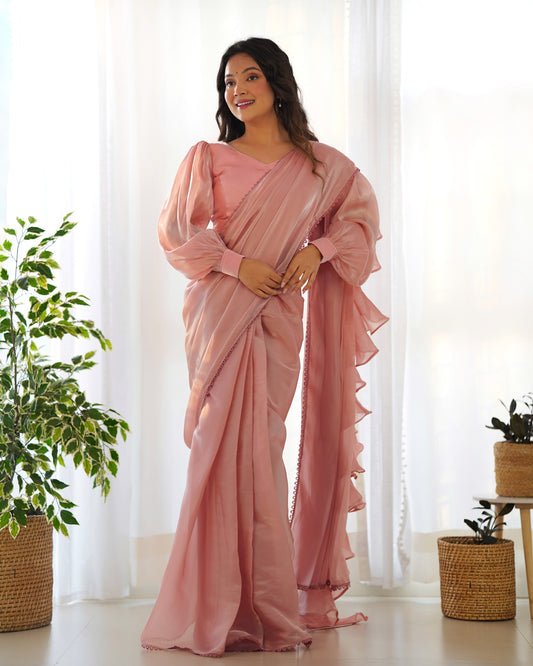 Frill And Flare With Organza Silk Peach Ruffle Border Saree