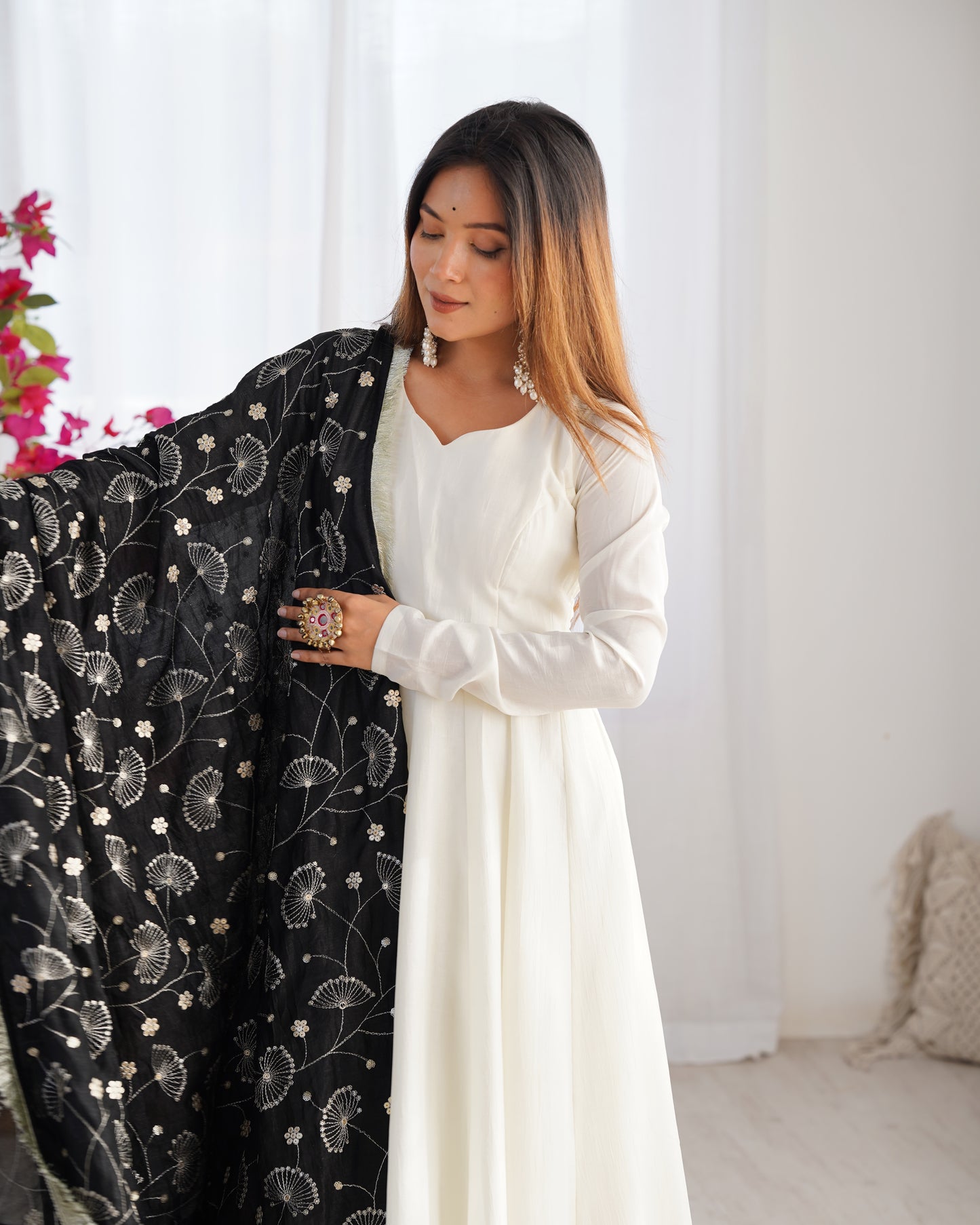 White Color Soft Vichitra Silk Anarkali With Black Dupatta