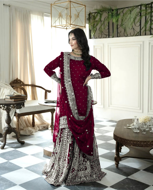 Maroon Color Top Gharara Suit With Dupatta in Georgette With Sequence Embroidery