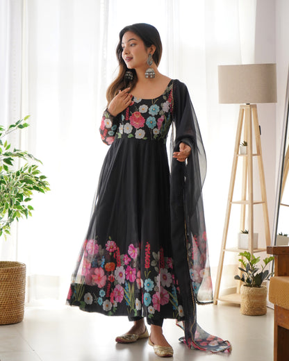 Floral Print Anarkali Black Kurta Set With Dupatta By Stylish Ethnic