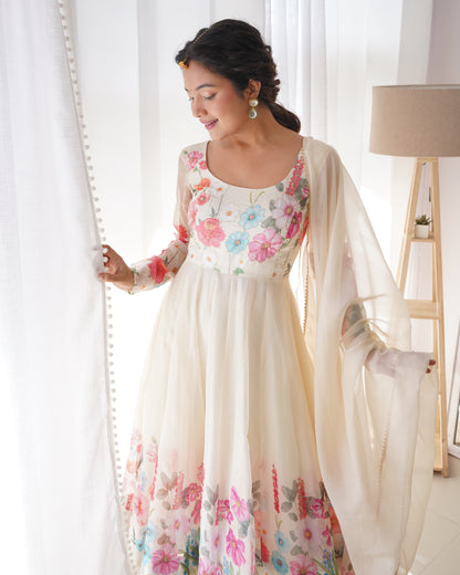 Floral Print Anarkali Cream Kurta Set With Dupatta By Stylish Ethnic