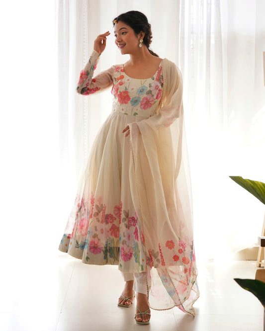Floral Print Anarkali Cream Kurta Set With Dupatta By Stylish Ethnic