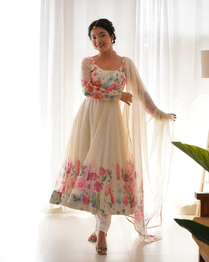 Floral Print Anarkali Cream Kurta Set With Dupatta By Stylish Ethnic