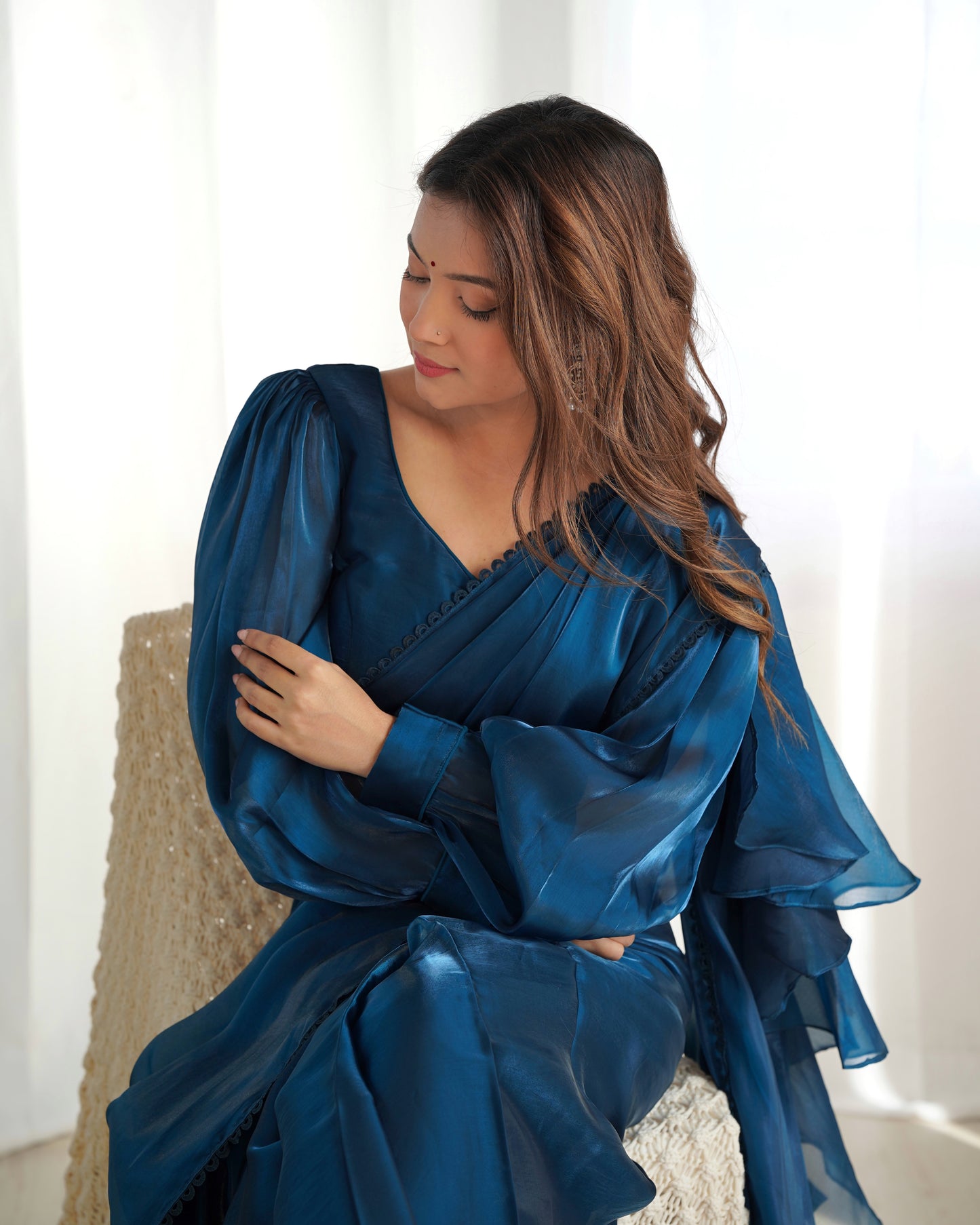 Frill And Flare With Organza Silk Teal Blue Ruffle Border Saree