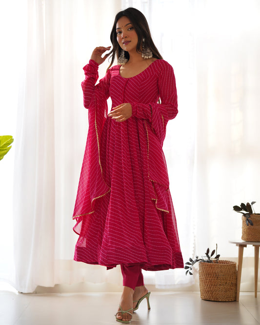 Rani Pink Faux Georgette Leheriya Print Anarkali Suit By Stylish Ethnic