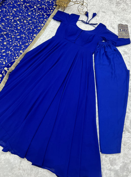Luxurious Fox Georgette Royal Blue Gown Set with Heavy Sequins and Jari Work