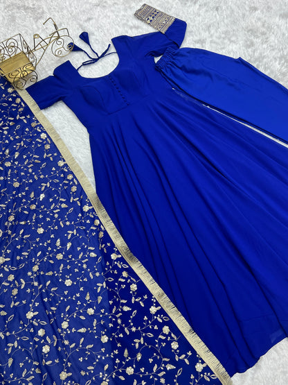 Luxurious Fox Georgette Royal Blue Gown Set with Heavy Sequins and Jari Work