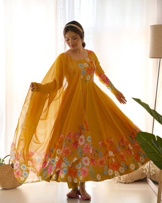 Yellow Color Organza Silk Three Piece Anarkali Suit