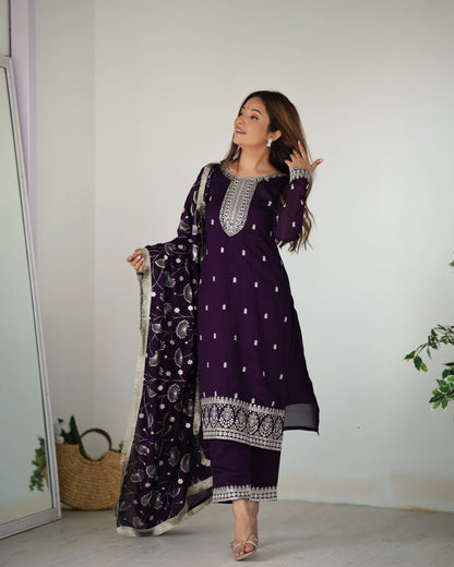 Purple Color Rangoli Silk Three Piece Kurti Suit