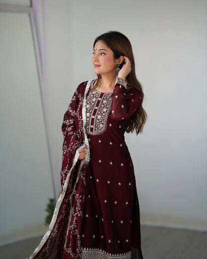 Pure Blooming Rangoli Silk Fabric Straight Fit Embroidery Work Maroon Kurta With Dupatta And Trousers By Stylish Ethnic