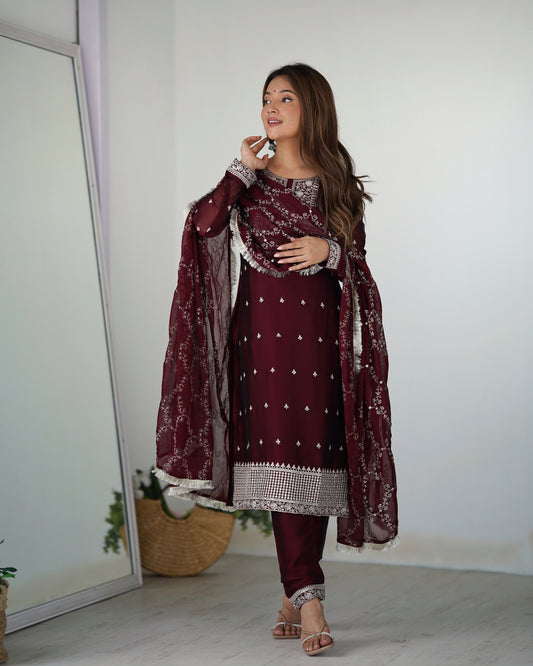 Pure Blooming Rangoli Silk Fabric Straight Fit Embroidery Work Maroon Kurta With Dupatta And Trousers By Stylish Ethnic