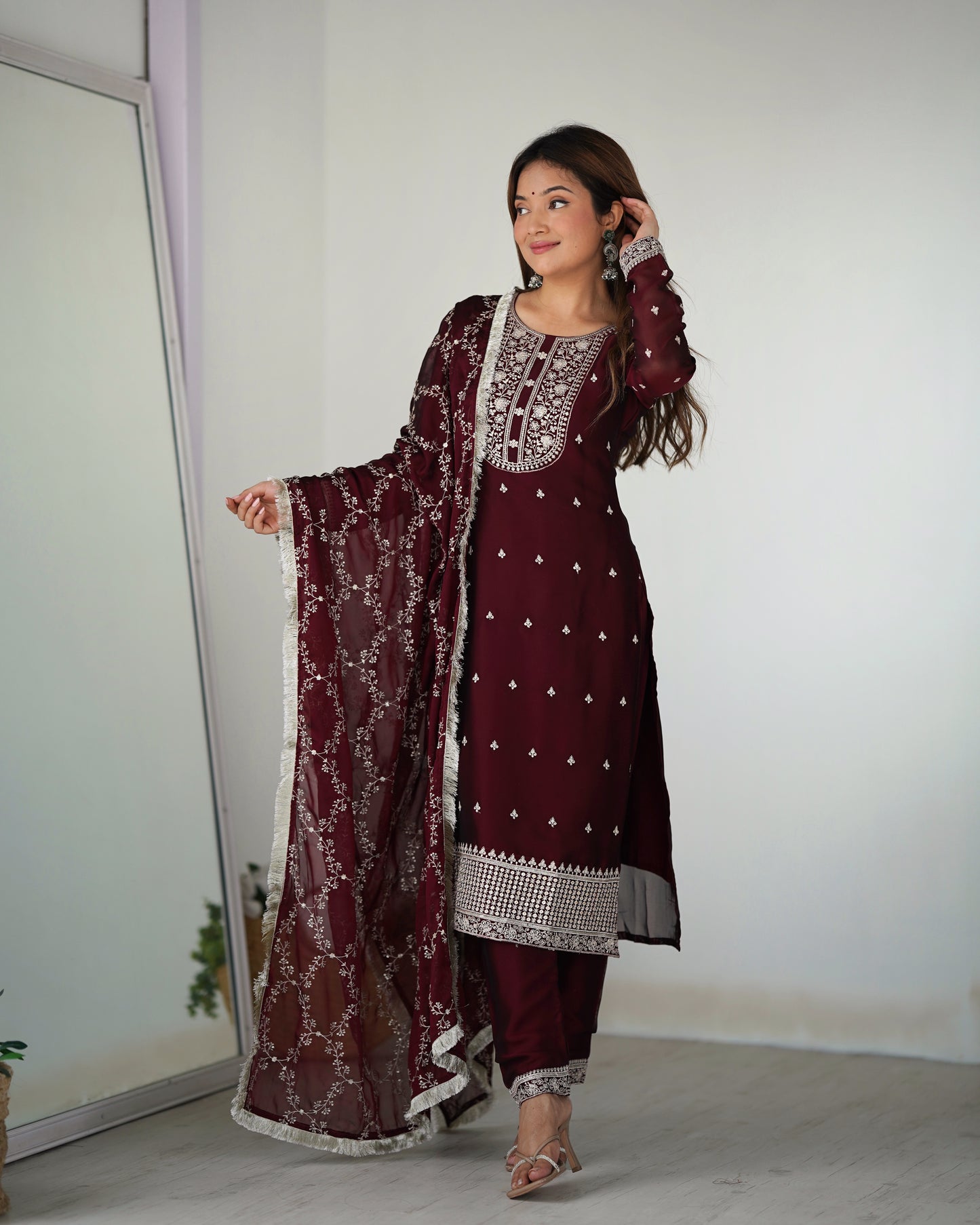 Pure Blooming Rangoli Silk Fabric Straight Fit Embroidery Work Maroon Kurta With Dupatta And Trousers By Stylish Ethnic