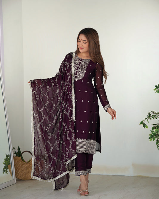 Pure Blooming Rangoli Silk Fabric Straight Fit Embroidery Work Wine Kurta With Dupatta And Trousers By Stylish Ethnic