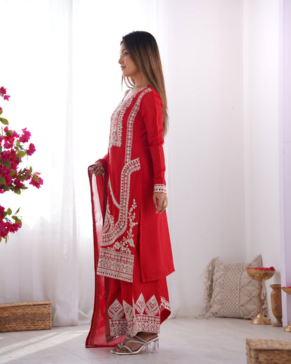 Elegant Pure Vichitra Silk Embroidered Red Kurta Set with Dupatta