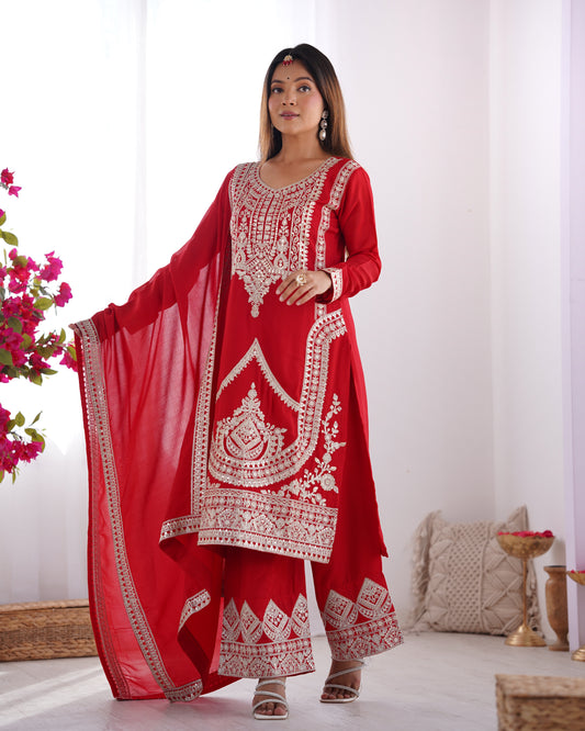 Elegant Pure Vichitra Silk Embroidered Red Kurta Set with Dupatta