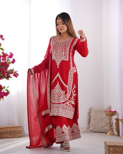 Elegant Pure Vichitra Silk Embroidered Red Kurta Set with Dupatta